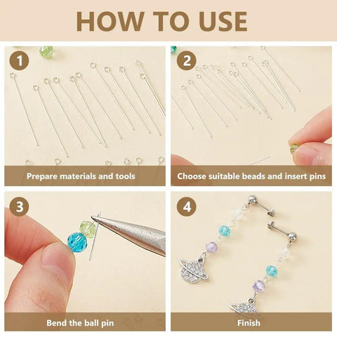 Sterling Silver Eye Pins For Jewelry Making, 24 Gauge 1.4 Inch, 30 Pcs, 925 Silver Head Pins For Pendants And Earrings, Lightweight Shine, Ideal DIY Bling Jewelry Craft Supplies; four-step bead jewelry use guide