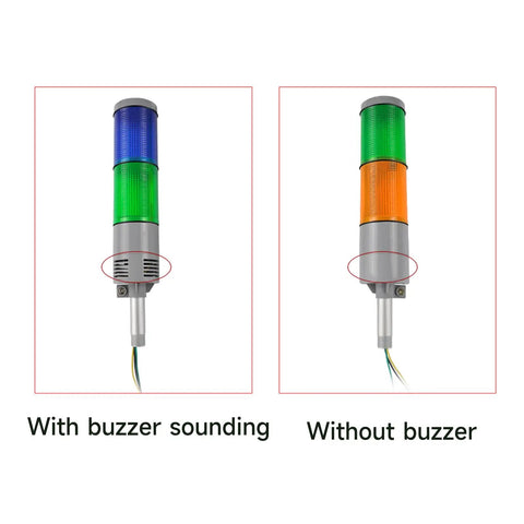 Comparison of Beefy IP65 Waterproof LED Stack Light With Round Bottom Base Three Layer Signal Tower, with and without buzzer.