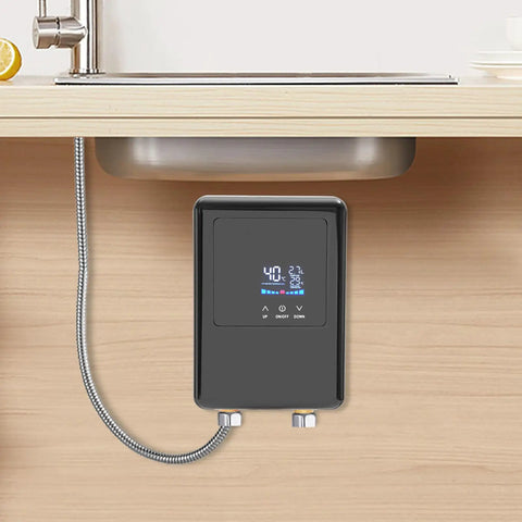 Instant Tankless Electric Water Heater 4500W Wall Mounted Digital Display installed under sink with faucet setup.