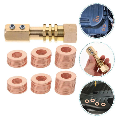 200 Pcs Copper Gasket Washers Assortment Kit For Sheet Metal Repair And Auto Body Welding shown with stacks and application.
