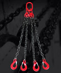 Kick Butt Heavy Duty Chain Lifting Sling 4 Leg 3 Ton 6614 Lbs Capacity Self Locking Hook with red hooks and G80 chain.