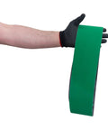 Gloved hand holding Beast Mode Ceramic Sanding Belts For Metal Grinding 4 By 36 Inch Set With 120 180 220 Grits