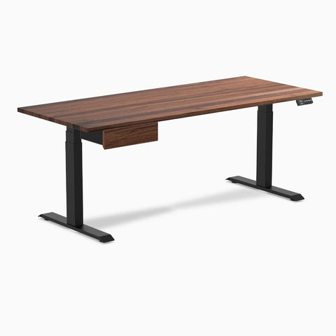 Kickin Electric Sit Stand Desk Featuring Solid Teak Wood Surface Integrated Sliding Storage Drawer, showcasing sleek design and stability.
