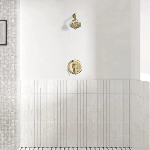 Wall mounted shower with gold finish, featuring Shower Faucet With Valve And 5 Spray Touch Clean Shower Head, Single Handle Trim Kit.