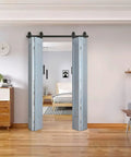 Space Saver Bi-Folding Barn Door Hardware Kit In Black Finish For Four Interior Doors, 75-1/2 Inch Rail With Top Mount Rollers installed