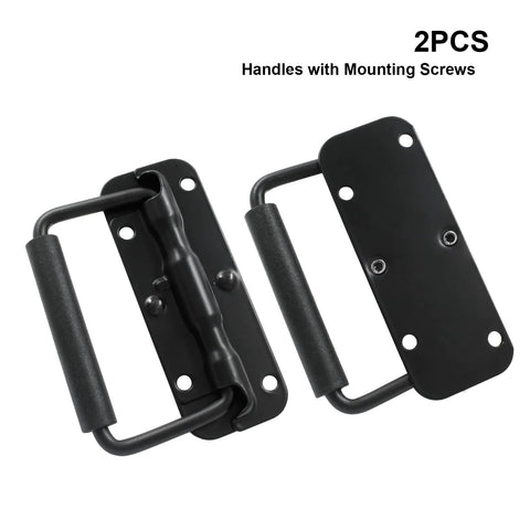 Spring Loaded Chest Handle Set Two Piece Black Stainless Steel Surface Mount Folding Handles With Rubber Grip and Mounting Screws