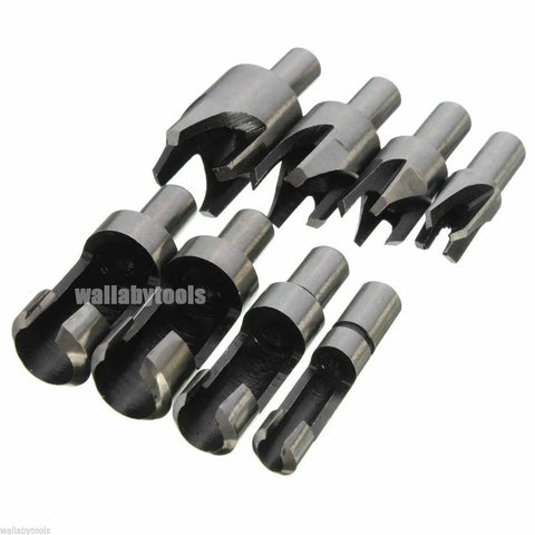 High Grade Eight Piece Woodworking Drill Bit Set For Cutting Precise Straight And Tapered Tenon Plugs, various sizes shown.