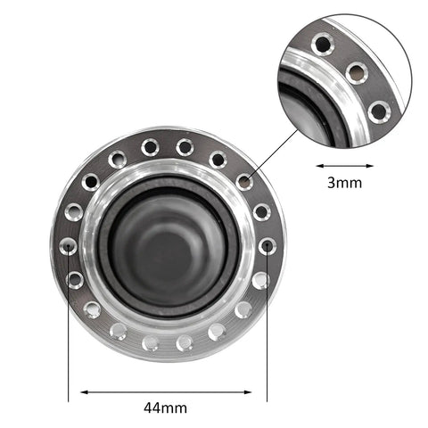 Close-up of Rear Hub 36 Hole Aluminum Alloy 135mm Wide With Double Thread Three Eighths Inch Axle showing 36-holes and dimensions