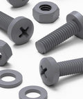 Top Shelf M6 X 20 Millimeter Polypropylene Cross Pan Head Bolts Kit With Corrosion Resistant Nuts And Washers For Straight Up DIY Fixes And Heavy Duty Assembly Work In Slick Dark Gray arranged on a white background.