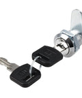 Drawer Cam Lock For Cabinets And Drawers, 0.69 Inch Diameter Cylinder, Five Eighths Inch Length, Fits Panels Up To Three Eighths Inch, Zinc Alloy Chrome Plated, Keyed Different, 2 Pack, Easy Install, Durable Metal Lock. Close-up of lock with key.