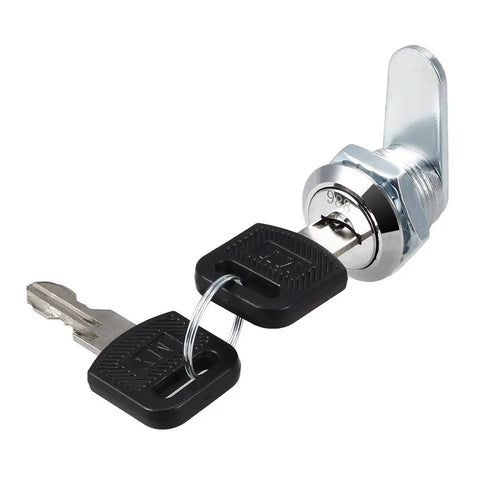 Drawer Cam Lock For Cabinets And Drawers, 0.69 Inch Diameter Cylinder, Five Eighths Inch Length, Fits Panels Up To Three Eighths Inch, Zinc Alloy Chrome Plated, Keyed Different, 2 Pack, Easy Install, Durable Metal Lock. Close-up of lock with key.