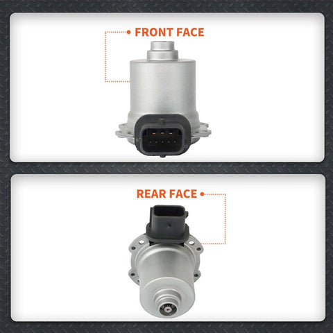 Automatic transmission clutch actuator with silver metal housing and black connector; front and rear views, 2-piece set
