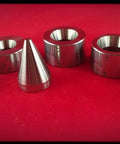 17 Degree Five Piece Folding Die Set With Stainless Steel Folding Cone For Coin Ring Reduction displayed on red background.