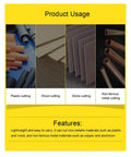 Compact 45 Degree Mini Benchtop Cut Off Saw For Wood Metal And Plastic With Clamping Tool Adjustable Cutting Angle Beast Fast 7800 RPM High Precision For DIY Hobbyists And Craft Enthusiasts showing cutting capabilities on plastic, wood, stone, and non-ferrous metals