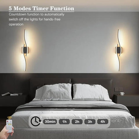 Modern Hardwired LED Wall Sconce Set Of Two With Remote Control in a bedroom, highlighting 5 modes timer function.