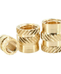 Solid Brass Knurled Insert Nuts Hot Melt Threaded Hardware For 3D Printer And Laptop Repairs M2 To M6 Sizes, three varying sizes shown.