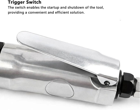 Trigger switch of Compact 90 Degree Air Ratchet Wrench Featuring 1 4 And 3 8 Square Drives for easy operation.