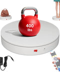 Heavy Duty Electric Rotating Turntable With Motorized Remote Control For 3D Scanning And 360 Video Shows Speed Adjustable Photography Display Stand Platform Supports Up To 400 Lb Load Capacity In White Finish with red kettlebell
