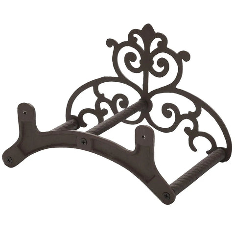 Brown Heavy Duty Cast Iron Outdoor Garden Hose Hanger With Wall Mount Water Hose Holder Reel Vintage Scrollwork Design