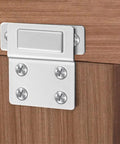 Magnetic Cabinet Door Catch With Strong Hold Steel Latch installed on wooden cabinet, silver finish, 43x38mm with screws visible