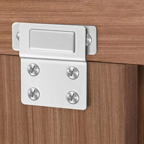 Magnetic Cabinet Door Catch With Strong Hold Steel Latch installed on wooden cabinet, silver finish, 43x38mm with screws visible