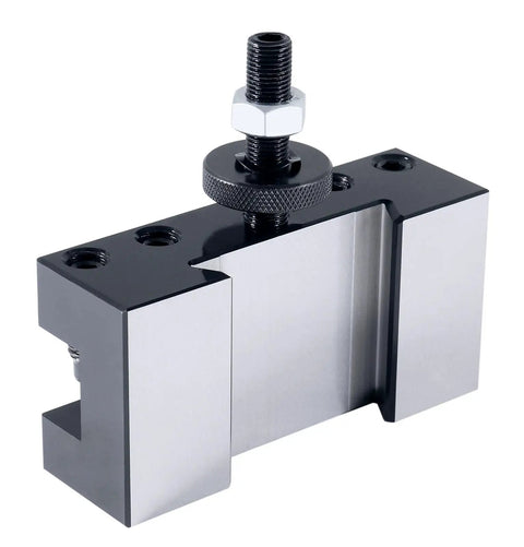Close-up of Quick Change Tool Post Holder For 1 Inch Turning Tools, Style 1 Lathe Swing 14–20 Inches, Includes 0250-0401, durable steel.