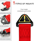 Universal Jdm Car Tow Strap And Racing Trailer Belt With Bold Slogan Graphics showing three mounting types and a red nylon strap.