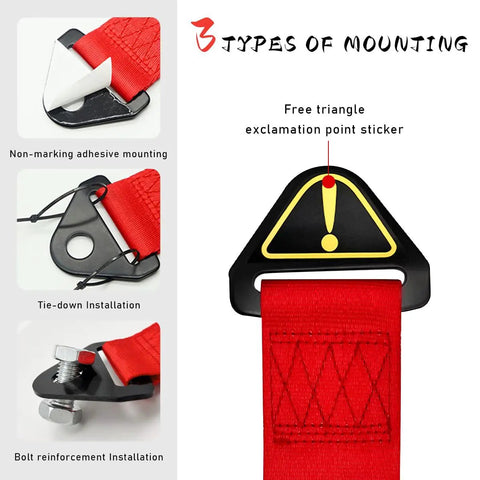 Universal Jdm Car Tow Strap And Racing Trailer Belt With Bold Slogan Graphics showing three mounting types and a red nylon strap.