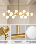 Mid Century Modern Sputnik Chandelier With 16 Lights Brushed Brass Arms And Frosted Milk Glass Shades For Kitchen Or Dining Room That Hits Different And Brings Major Vibes, showcasing gold frame and milky glass shades.