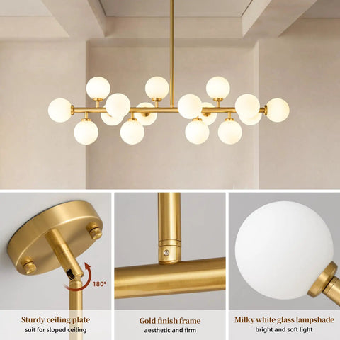 Mid Century Modern Sputnik Chandelier With 16 Lights Brushed Brass Arms And Frosted Milk Glass Shades For Kitchen Or Dining Room That Hits Different And Brings Major Vibes, showcasing gold frame and milky glass shades.