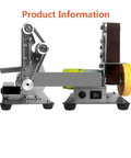 Compact Mini Electric Belt Sander Desktop Vertical Polisher For Diy Angle Grinder Sharpening And Polishing Work With 10pcs Sanding Belts Set side view showing metal frame, sanding belt and motor.