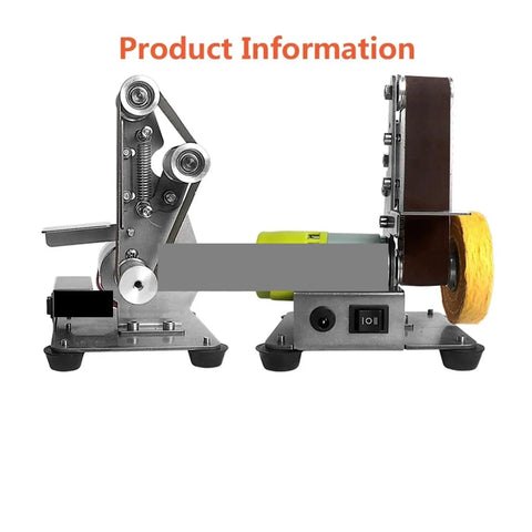 Compact Mini Electric Belt Sander Desktop Vertical Polisher For Diy Angle Grinder Sharpening And Polishing Work With 10pcs Sanding Belts Set side view showing metal frame, sanding belt and motor.