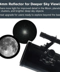PowerSeeker 114EQ Telescope For Beginners With Manual German Equatorial Mount Portable 114mm Aperture Ideal For Moon Planets And Deep Sky Viewing Plus Bonus Astronomy Software Package showing telescope and moon image
