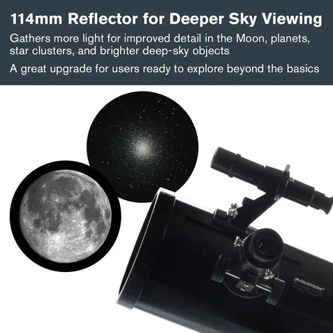 PowerSeeker 114EQ Telescope For Beginners With Manual German Equatorial Mount Portable 114mm Aperture Ideal For Moon Planets And Deep Sky Viewing Plus Bonus Astronomy Software Package showing telescope and moon image