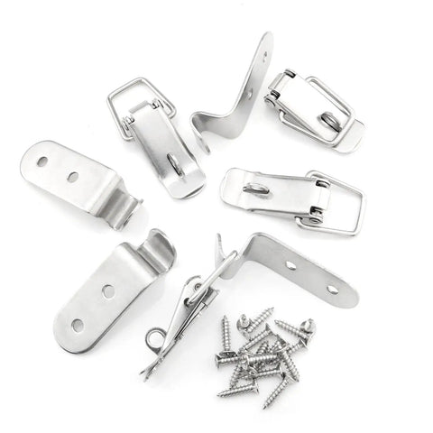 4 Pack 58mm Stainless Steel Heavy Duty Rust Resistant 90 Degree Tool Box Hood Locks Latches with screws visible on white background