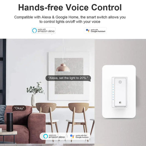 Living room with Smart Wi Fi Dimmer Switch 2 Gang For Alexa And Google Assistant Plug And Play setup shown on the wall.