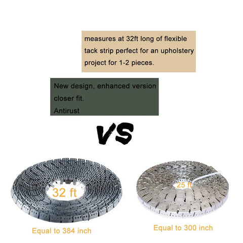 Sturdy 32 Foot Flexible Metal Upholstery Tack Strip For Sofa And Chair Fabric Securing With Curved Edge Grip displayed next to shorter strip.