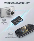 32GB Pro Duo Memory Stick Mark 2 for PSP 1000 2000 3000 and Digital Cameras, shown with camera and PSP console.