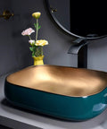 Premium Porcelain Vessel Sink For Above Counter Bathroom Vanity, compact 57x44x15cm, teal and gold finish, modern art basin.