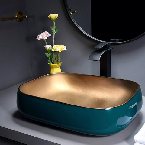 Premium Porcelain Vessel Sink For Above Counter Bathroom Vanity, compact 57x44x15cm, teal and gold finish, modern art basin.