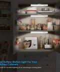 Stick On LED Closet Lights With Motion Sensor, 21 High Brightness LEDs, illuminating kitchen cabinet shelves, battery powered.