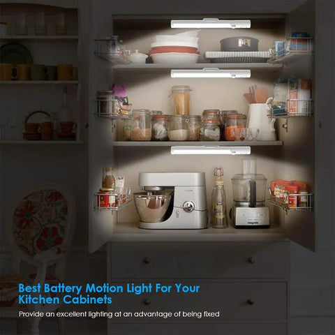 Stick On LED Closet Lights With Motion Sensor, 21 High Brightness LEDs, illuminating kitchen cabinet shelves, battery powered.