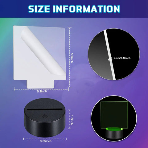 Size details of Dope 12 Pack LED Light Base Kit With Clear Acrylic Sheets For 3D Night Lamps showing dimensions and features.