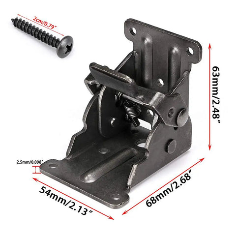Premium Heavy Duty Folding Table Brackets 4 Pack Rock Solid Collapsible Shelf Supports With Self Lock Design close-up of steel bracket with spring and screw.