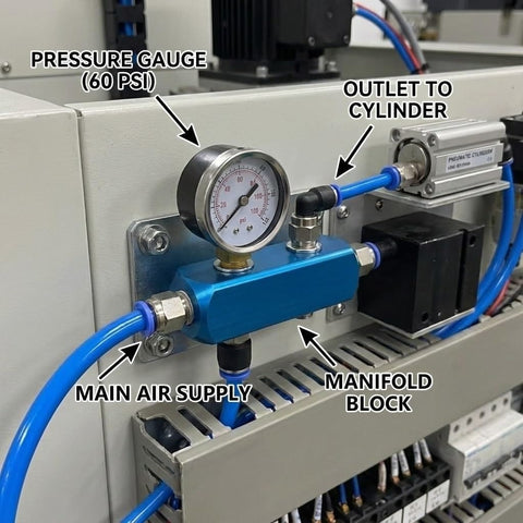 Two Way Five Port Pneumatic Manifold With G1 Quarter Ports For High Flow Air Distribution in factory setup with gauge