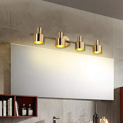 Brushed Brass Vanity Light Fixture With Four Modern Wall Bar Sconces Over Mirror IP44 Waterproof Metal Shade 34.25 Inch Long