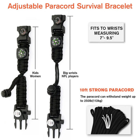 Adjustable 20 In 1 Paracord Survival Bracelet With SOS LED Light Fire Starter Compass Whistle And Thermometer for various wrist sizes