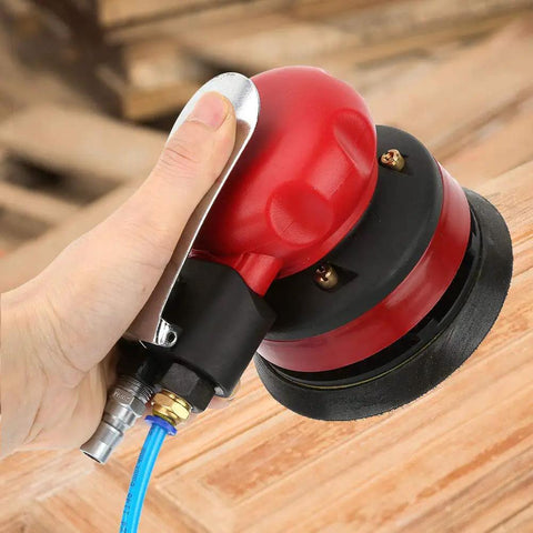 Five Inch Pneumatic Water Sander Kit With Disc Air Polisher and Grinding Machine Inlet Joint in use on wood surface