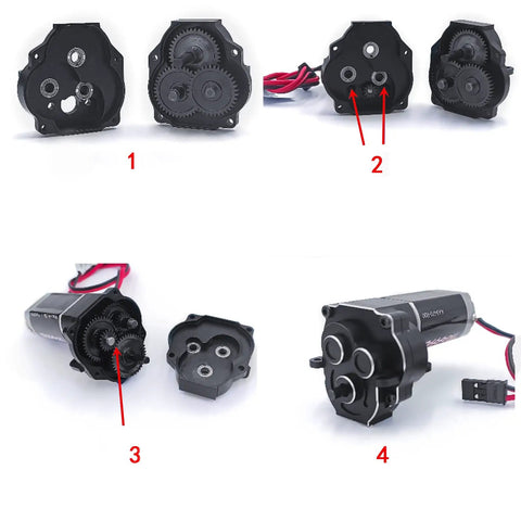 Aluminum Transmission Case For 1/18 TRX4M RC Crawler, 16.6 To 1 Gearbox With Gear, detailed view of gears and casing layout.