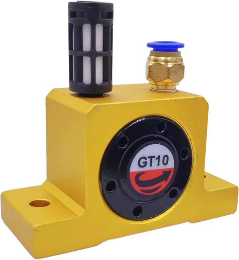 Five Pack 1/8 Inch Pneumatic Air Turbine Vibrators, yellow aluminum body with free muffler attachment, close-up view of GT10 unit